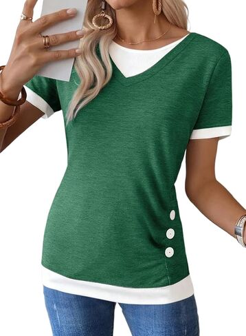 SHEWIN Womens Mock Layered Tops Casual Crewneck Short Sleeve Shirts Contrast Basic Tees in Saudi Arabia
