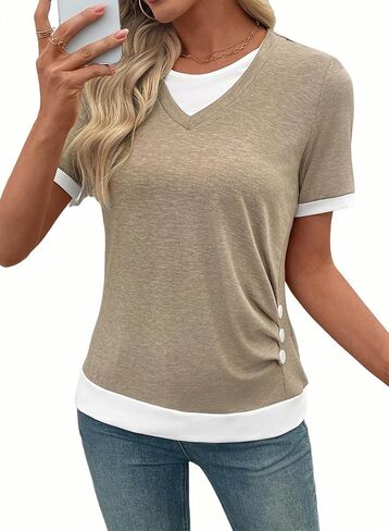 SHEWIN Womens Mock Layered Tops Casual Crewneck Short Sleeve Shirts Contrast Basic Tees in Saudi Arabia