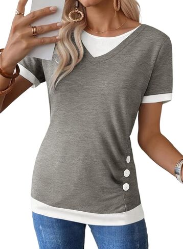 SHEWIN Womens Mock Layered Tops Casual Crewneck Short Sleeve Shirts Contrast Basic Tees in Saudi Arabia