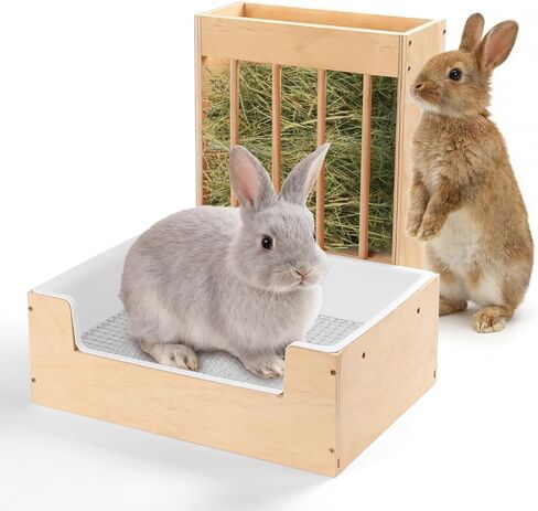 Extra-Large 2-in-1 Rabbit Hay Feeder & Litter Box Set, Wood, Mess Proof, for Guinea Pigs, Chinchillas, Hamsters, and Rabbits in Saudi Arabia