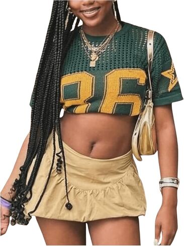 Milumia Women's Jersey Shirts See Through Number Print Short Sleeve T Shirt Hollow Out Knitted Tops in Saudi Arabia