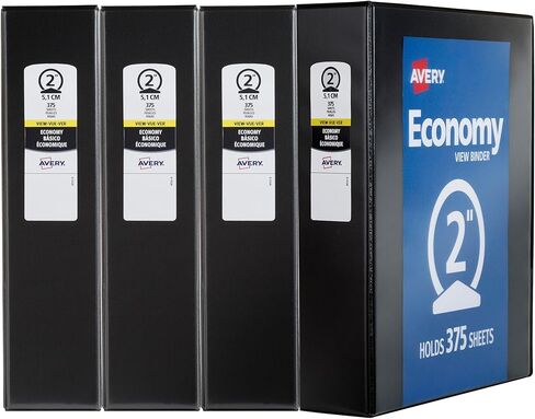Avery Standard View 3 Ring Binders, 2" Round Rings, 375-Sheet Capacity, 2.8 Inch Wide Spine, Black Binders, Ideal for Lightweight Organization and Occasional Referencing (4-Pack of 19205) in Saudi Arabia
