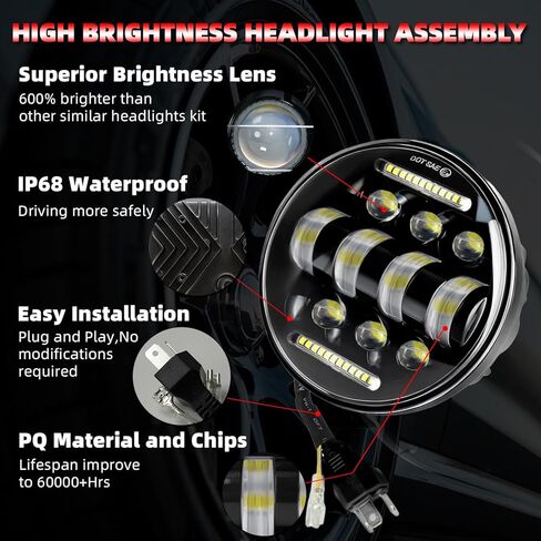 Fit for Honda Shadow ACE Sabre Spirit VLX 600 750 1100 GL 1800 Headlights,5.75 Inch Round Headlamp Assembly with DRL Turn Signal High-Low Beam,600% Brighter,DOT Approved,Plug N Play in Kuwait
