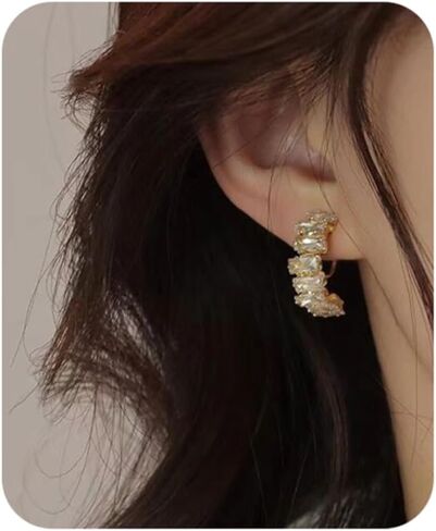 أقراط كريستال نصف دائرية للنساء - أقراط مرصعة بأحجار الراين المتلألئة تشيكوسلوفاكيا أقراط هوجي أنيقة وعصرية لحفلات الزفاف والارتداء اليومي in Kuwait