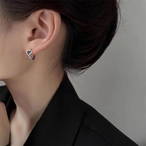 MALOYANVE Black Heart Hoop Earrings for Women Elegant Vintage Small Sterling Silver Love Post Clasp Cartilage Lightweight Hoop Earrings Wedding Holiday Valentine's Day Jewelry in Saudi Arabia