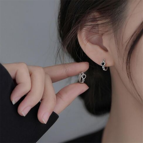 MALOYANVE Black Heart Hoop Earrings for Women Elegant Vintage Small Sterling Silver Love Post Clasp Cartilage Lightweight Hoop Earrings Wedding Holiday Valentine's Day Jewelry in Saudi Arabia