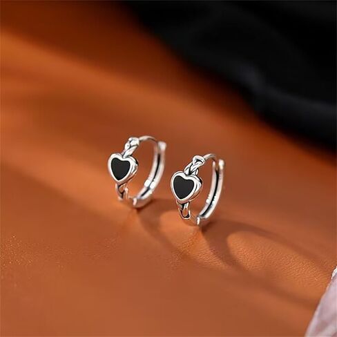 MALOYANVE Black Heart Hoop Earrings for Women Elegant Vintage Small Sterling Silver Love Post Clasp Cartilage Lightweight Hoop Earrings Wedding Holiday Valentine's Day Jewelry in Saudi Arabia