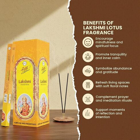 أعواد بخور فلوت لاكشمي - بخور زهور اللوتس من أجل الرخاء والوفرة والفرح - 8 أعواد/عبوة، 25 عبوة/صندوق (9 بوصة، 200 عصا) | 40 دقيقة من وقت الحرق in Kuwait