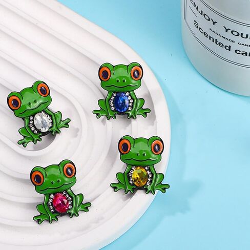 4 Pack Cute Frog Brooch with Gemstone, Vintage Metal Enamel Cartoon Badge for Women, Waist Buckle Pin for Jackets, Bags, Hats in Kuwait