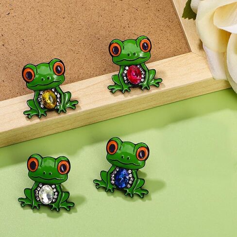 4 Pack Cute Frog Brooch with Gemstone, Vintage Metal Enamel Cartoon Badge for Women, Waist Buckle Pin for Jackets, Bags, Hats in Kuwait