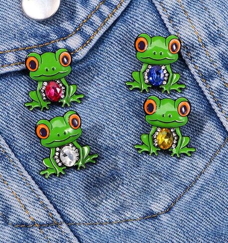 4 Pack Cute Frog Brooch with Gemstone, Vintage Metal Enamel Cartoon Badge for Women, Waist Buckle Pin for Jackets, Bags, Hats in Kuwait