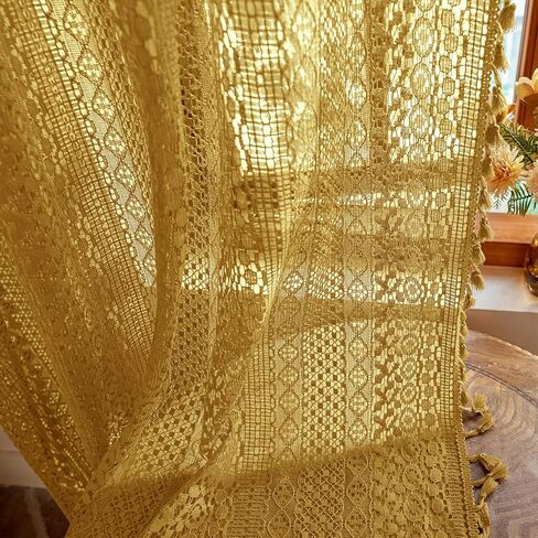 Golden Yellow Sheer Curtains 63 Inch Length,Rod Pocket Semi Sheer Privacy Cotton Blend Crochet Lace Curtain Vintage Bright Color Striped Tassel Mesh Curtains & Drapes for Bedroom Dining Room in Kuwait