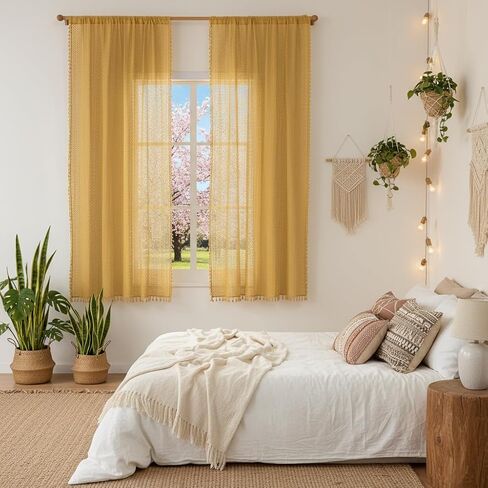 Golden Yellow Sheer Curtains 63 Inch Length,Rod Pocket Semi Sheer Privacy Cotton Blend Crochet Lace Curtain Vintage Bright Color Striped Tassel Mesh Curtains & Drapes for Bedroom Dining Room in Kuwait