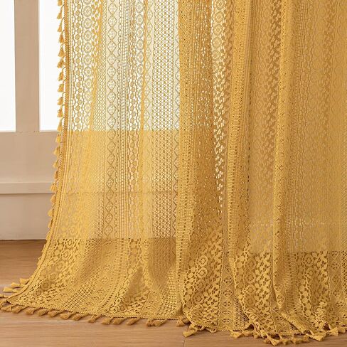 Golden Yellow Sheer Curtains 63 Inch Length,Rod Pocket Semi Sheer Privacy Cotton Blend Crochet Lace Curtain Vintage Bright Color Striped Tassel Mesh Curtains & Drapes for Bedroom Dining Room in Kuwait