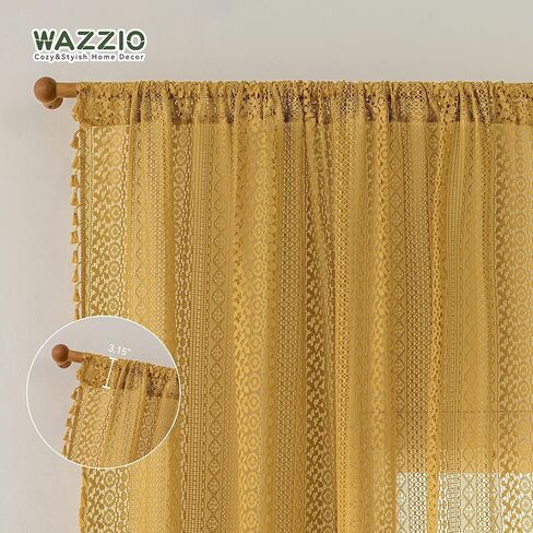 Golden Yellow Sheer Curtains 63 Inch Length,Rod Pocket Semi Sheer Privacy Cotton Blend Crochet Lace Curtain Vintage Bright Color Striped Tassel Mesh Curtains & Drapes for Bedroom Dining Room in Kuwait