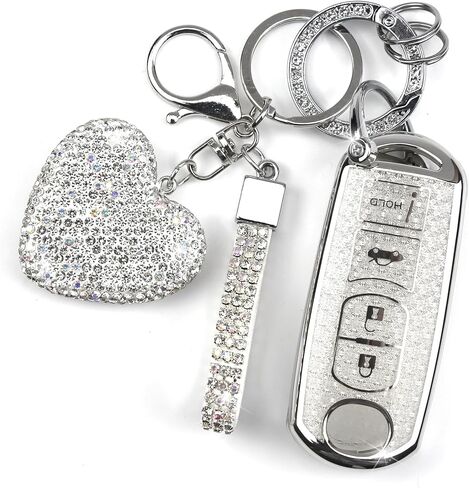 Key Fob Cover with Diamond Keychain for Women, Car Key Holder Case Compatible with Mazda 3 6 8 Miata MX5 CX3 CX4 CX5 CX7 CX9 Smart Remote Key Protector, 4 Buttons (Silver-Heart) in Saudi Arabia