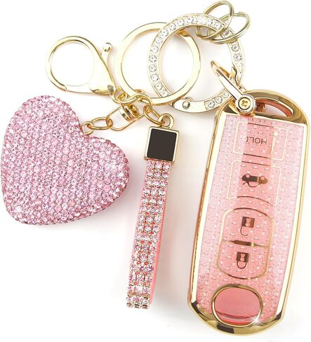 Key Fob Cover with Diamond Keychain for Women, Car Key Holder Case Compatible with Mazda 3 6 8 Miata MX5 CX3 CX4 CX5 CX7 CX9 Smart Remote Key Protector, 4 Buttons (Silver-Heart) in Saudi Arabia