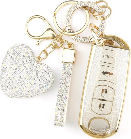 Key Fob Cover with Diamond Keychain for Women, Car Key Holder Case Compatible with Mazda 3 6 8 Miata MX5 CX3 CX4 CX5 CX7 CX9 Smart Remote Key Protector, 4 Buttons (Silver-Heart) in Saudi Arabia