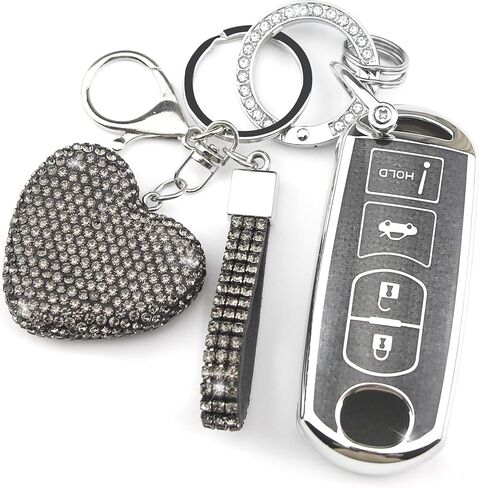 Key Fob Cover with Diamond Keychain for Women, Car Key Holder Case Compatible with Mazda 3 6 8 Miata MX5 CX3 CX4 CX5 CX7 CX9 Smart Remote Key Protector, 4 Buttons (Silver-Heart) in Saudi Arabia