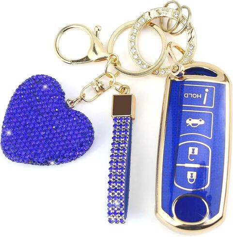 Key Fob Cover with Diamond Keychain for Women, Car Key Holder Case Compatible with Mazda 3 6 8 Miata MX5 CX3 CX4 CX5 CX7 CX9 Smart Remote Key Protector, 4 Buttons (Silver-Heart) in Saudi Arabia