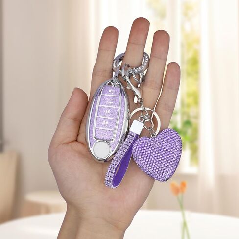 for Nissan 5 Buttons Key fob Cover with Diamond Heart Keychain, Car Accessories TPU for Altima Sentra Rogue Pathfinder Murano Armada Maxima Versa, Purple in Saudi Arabia