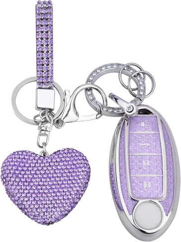 for Nissan 5 Buttons Key fob Cover with Diamond Heart Keychain, Car Accessories TPU for Altima Sentra Rogue Pathfinder Murano Armada Maxima Versa, Purple in Saudi Arabia