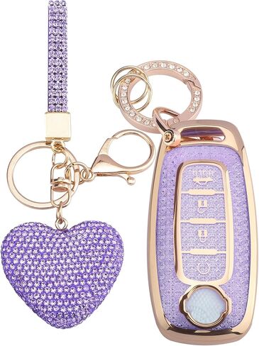 for Nissan 5 Buttons Key fob Cover with Diamond Heart Keychain, Car Accessories TPU for Altima Sentra Rogue Pathfinder Murano Armada Maxima Versa, Purple in Saudi Arabia