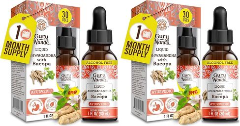 GuruNanda Liquid Ashwagandha with Bacopa (1 Fl Oz) - Natural Dietary Supplement- Liquid Extract Drops - for Men & Women- Vegan & Alcohol-Free - Aids in Immune, Focus & Relaxation Support in Saudi Arabia
