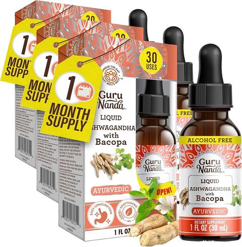 GuruNanda Liquid Ashwagandha with Bacopa (1 Fl Oz) - Natural Dietary Supplement- Liquid Extract Drops - for Men & Women- Vegan & Alcohol-Free - Aids in Immune, Focus & Relaxation Support in Saudi Arabia