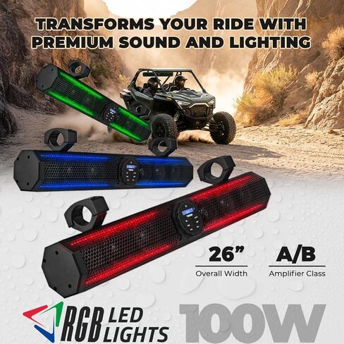 DS18 SB26BTXRGB 26 بوصة مكبر صوت بحري مع إضاءة بلوتوث USB وإضاءة RGB، 6 مكبرات صوت، 600 واط كحد أقصى، لوحة تحكم دوارة، رائعة للرياضات القوية، SXS، عربة الجولف، شريط صوت ATV/UTV 26 بوصة in Saudi Arabia