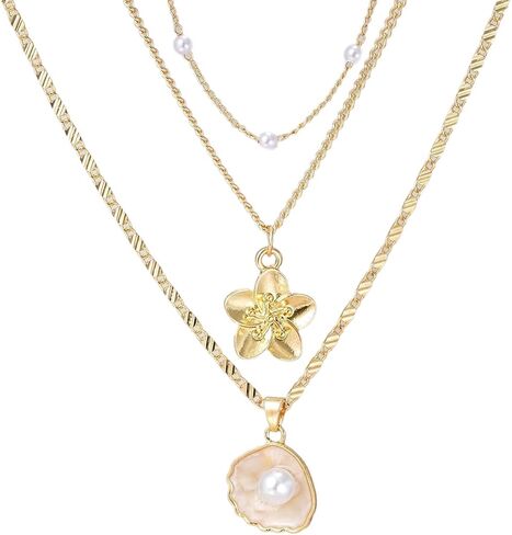 Hibiscus Stack Necklace for Women Gold Flower Necklace Waterproof Beach Vacation Layered Necklace Jewelry in Kuwait