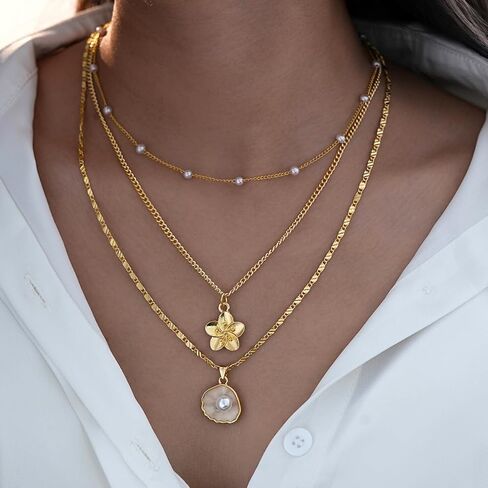 Hibiscus Stack Necklace for Women Gold Flower Necklace Waterproof Beach Vacation Layered Necklace Jewelry in Kuwait