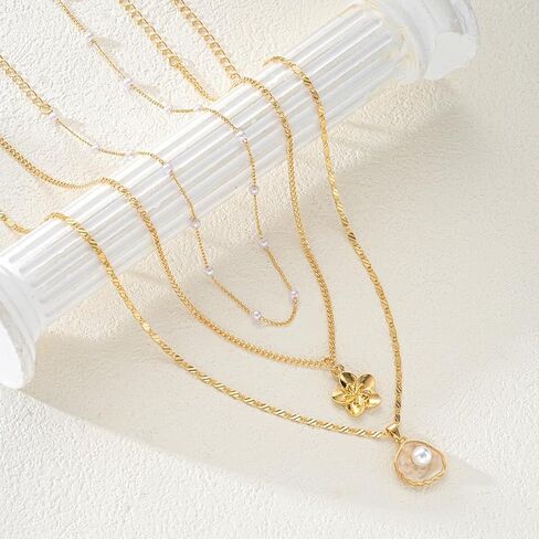 Hibiscus Stack Necklace for Women Gold Flower Necklace Waterproof Beach Vacation Layered Necklace Jewelry in Kuwait