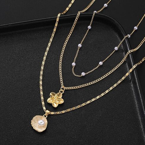 Hibiscus Stack Necklace for Women Gold Flower Necklace Waterproof Beach Vacation Layered Necklace Jewelry in Kuwait