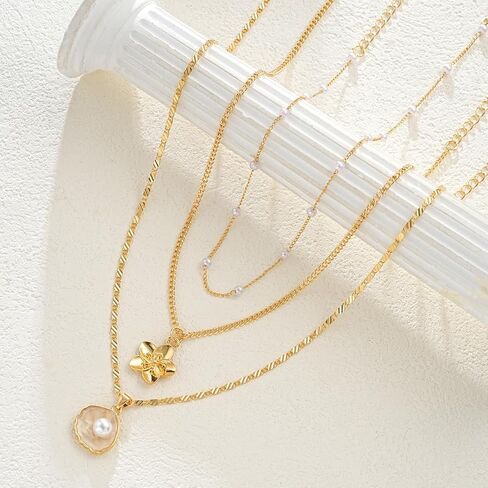 Hibiscus Stack Necklace for Women Gold Flower Necklace Waterproof Beach Vacation Layered Necklace Jewelry in Kuwait