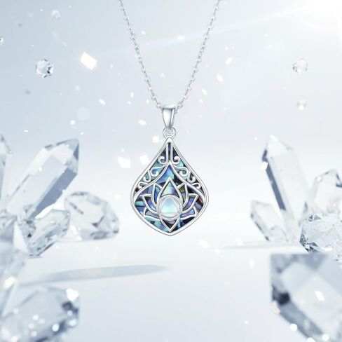Lotus Teardrop Filigree Necklace 18K White Gold Plated Abalone Shell Moonstone Pendant Necklace Awakening Spiritual Jewelry Gifts for Women in Saudi Arabia