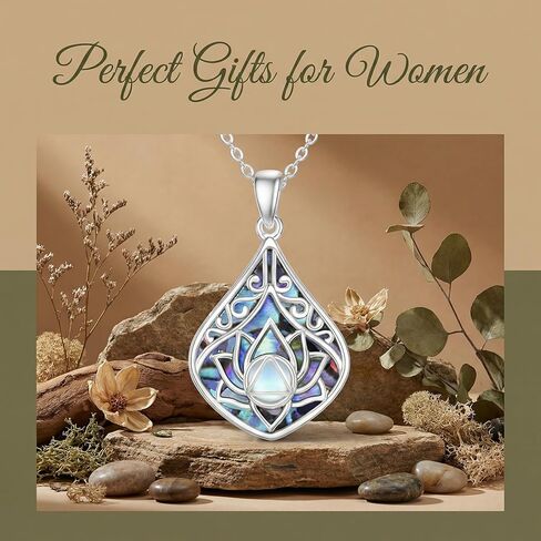 Lotus Teardrop Filigree Necklace 18K White Gold Plated Abalone Shell Moonstone Pendant Necklace Awakening Spiritual Jewelry Gifts for Women in Saudi Arabia