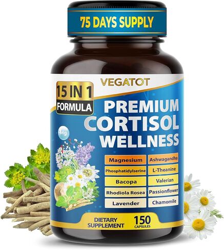 مركب فيجاتو العضوي للكورتيزول، تركيبة 15 في 1 مع المغنيسيوم، أشواغاندا، نبتة سانت جون، نبات الناردين، الروديولا الوردية، زهرة العاطفة، البابونج in Kuwait