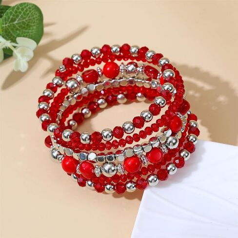 أساور كريستالية مطرزة بالخرز للنساء، لهجات فضية بوهيمية، مجموعة متعددة الخيوط من المجوهرات القابلة للتكديس in Kuwait