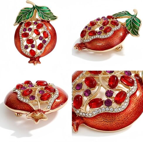 Rhinestone Pomegranate Brooch Pin for Women Red Enamel Green Leaf Fruit Cute Brooches Lapel Pins Exquisite Clothing Accessories Hats Bags Suit Tie Jewelry in Kuwait