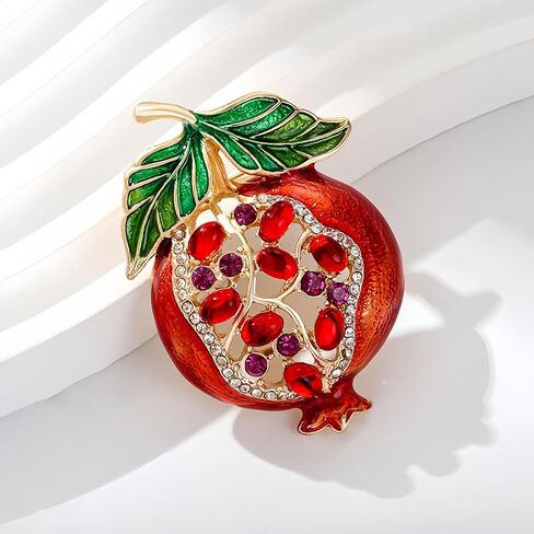Rhinestone Pomegranate Brooch Pin for Women Red Enamel Green Leaf Fruit Cute Brooches Lapel Pins Exquisite Clothing Accessories Hats Bags Suit Tie Jewelry in Kuwait