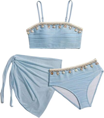 SHENHE Girl's Swimsuits 3 Piece Seashell Spaghetti Strap Textured Bathing Suit with Cover Up in Saudi Arabia
