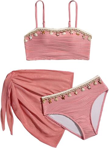 SHENHE Girl's Swimsuits 3 Piece Seashell Spaghetti Strap Textured Bathing Suit with Cover Up in Saudi Arabia