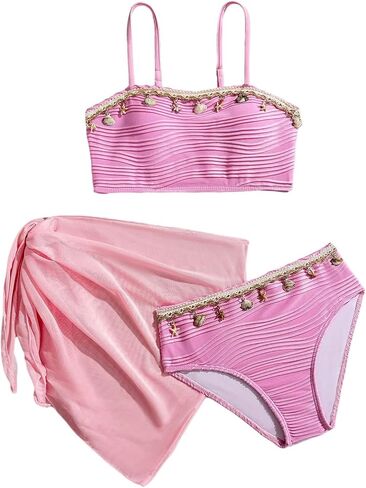 SHENHE Girl's Swimsuits 3 Piece Seashell Spaghetti Strap Textured Bathing Suit with Cover Up in Saudi Arabia
