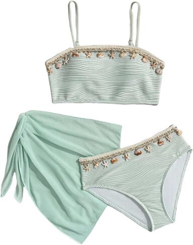 SHENHE Girl's Swimsuits 3 Piece Seashell Spaghetti Strap Textured Bathing Suit with Cover Up in Saudi Arabia