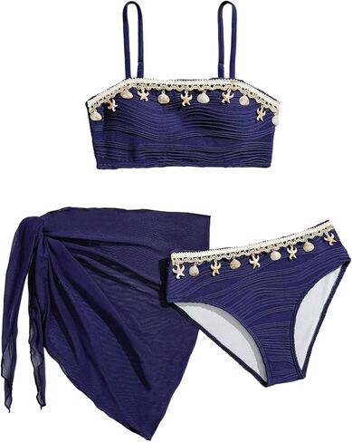 SHENHE Girl's Swimsuits 3 Piece Seashell Spaghetti Strap Textured Bathing Suit with Cover Up in Saudi Arabia