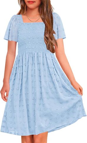 HOSIKA Girls Short Sleeve Dress Boho Swiss Dot Square Neck Smocked Summer Dresses with Pockets 6-12 Years in Saudi Arabia