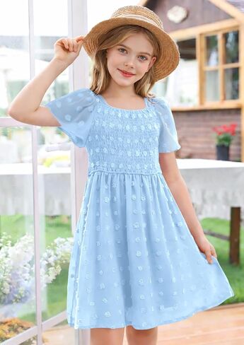 HOSIKA Girls Short Sleeve Dress Boho Swiss Dot Square Neck Smocked Summer Dresses with Pockets 6-12 Years in Saudi Arabia