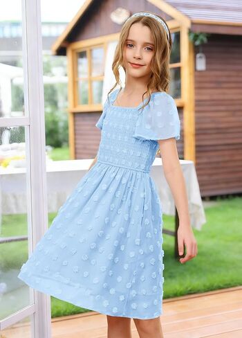 HOSIKA Girls Short Sleeve Dress Boho Swiss Dot Square Neck Smocked Summer Dresses with Pockets 6-12 Years in Saudi Arabia