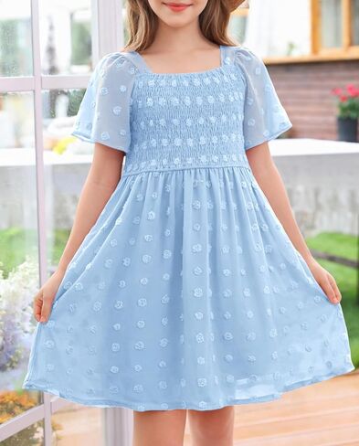 HOSIKA Girls Short Sleeve Dress Boho Swiss Dot Square Neck Smocked Summer Dresses with Pockets 6-12 Years in Saudi Arabia